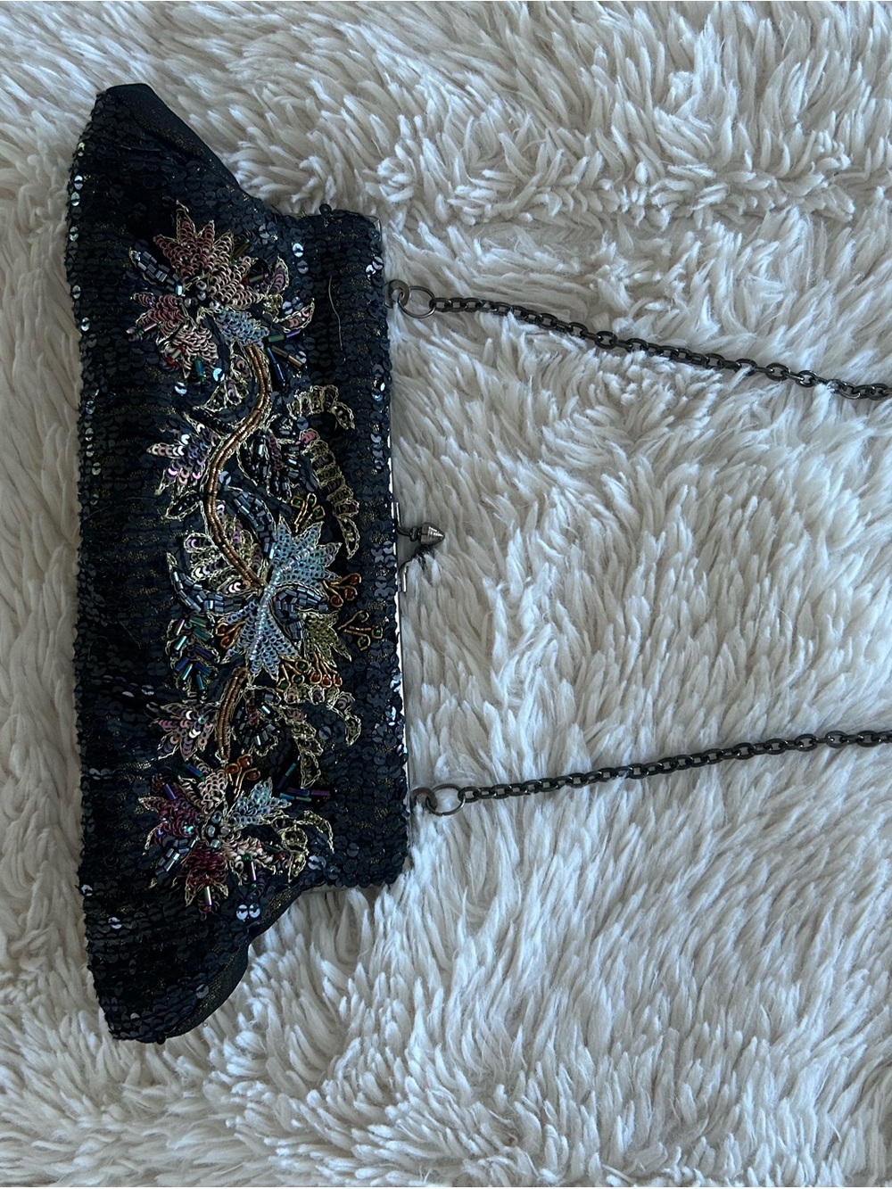 Black Sequin Beaded Floral Evening Clutch